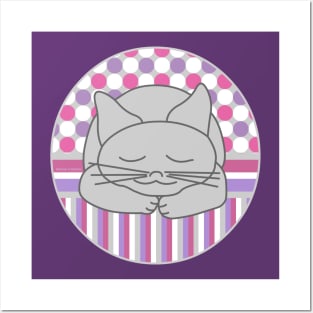 Sleeping Gray Cat Pink Pattern Oval Posters and Art